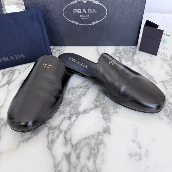 Prada Milano Black Leather Mule Slides Gold Logo Slip On Flat Shoes Mens UK6.5 main image 11